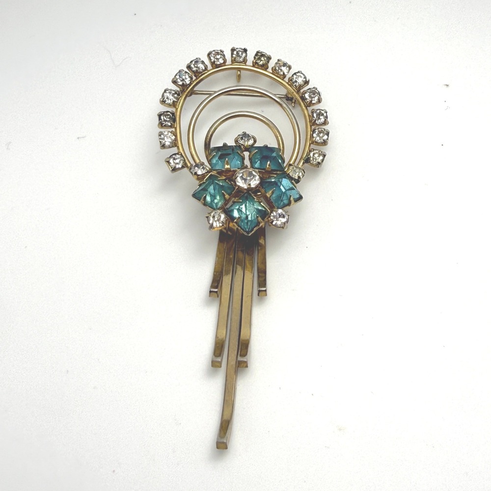 Art Deco Brooch Pendant 40s 50s Women OS Gold Teal Rhinestone Good Vintage - Picture 2 of 11